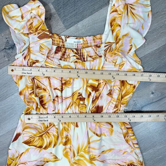 June & Hudson Tropical Print Belted Wide Leg Jumpsuit Pink Yellow Medium - Picture 11 of 12